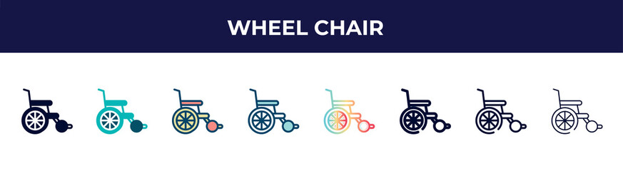 Fototapeta na wymiar wheel chair icon in 8 styles. line, filled, glyph, thin outline, colorful, stroke and gradient styles, wheel chair vector sign. symbol, logo illustration. different style icons set.