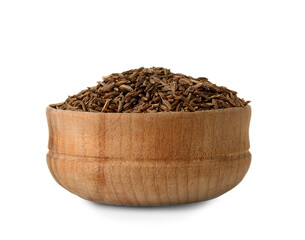 Wooden bowl of cumin seeds on white background
