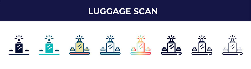 Obraz premium luggage scan icon in 8 styles. line, filled, glyph, thin outline, colorful, stroke and gradient styles, luggage scan vector sign. symbol, logo illustration. different style icons set.