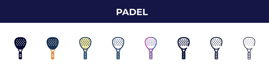padel icon in 8 styles. line, filled, glyph, thin outline, colorful, stroke and gradient styles, padel vector sign. symbol, logo illustration. different style icons set.