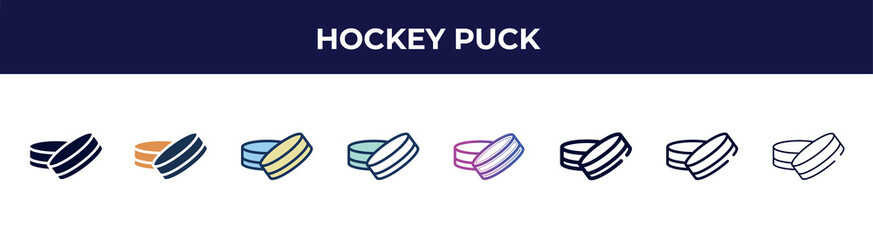 hockey puck icon in 8 styles. line, filled, glyph, thin outline, colorful, stroke and gradient styles, hockey puck vector sign. symbol, logo illustration. different style icons set.
