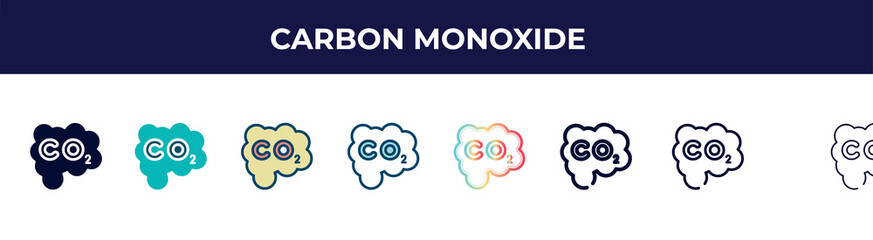 carbon monoxide icon in 8 styles. line, filled, glyph, thin outline, colorful, stroke and gradient styles, carbon monoxide vector sign. symbol, logo illustration. different style icons set.