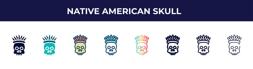 Fototapeta premium native american skull icon in 8 styles. line, filled, glyph, thin outline, colorful, stroke and gradient styles, native american skull vector sign. symbol, logo illustration. different style icons