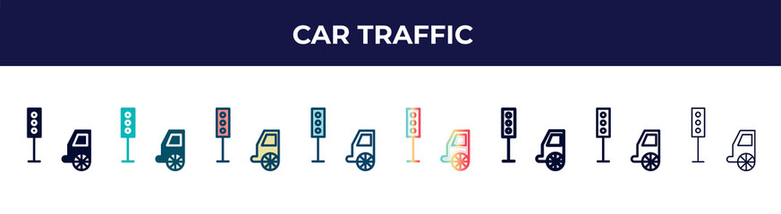 car traffic icon in 8 styles. line, filled, glyph, thin outline, colorful, stroke and gradient styles, car traffic vector sign. symbol, logo illustration. different style icons set.