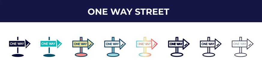 one way street icon in 8 styles. line, filled, glyph, thin outline, colorful, stroke and gradient styles, one way street vector sign. symbol, logo illustration. different style icons set.