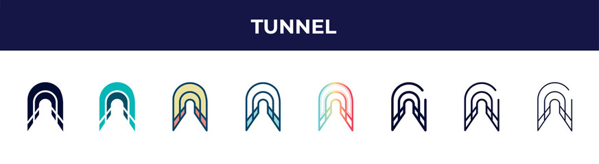 tunnel icon in 8 styles. line, filled, glyph, thin outline, colorful, stroke and gradient styles, tunnel vector sign. symbol, logo illustration. different style icons set.