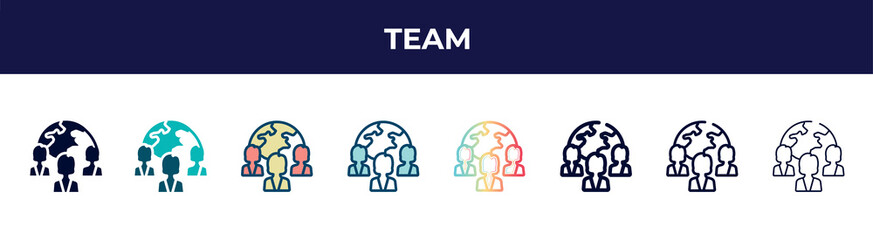 team icon in 8 styles. line, filled, glyph, thin outline, colorful, stroke and gradient styles, team vector sign. symbol, logo illustration. different style icons set.