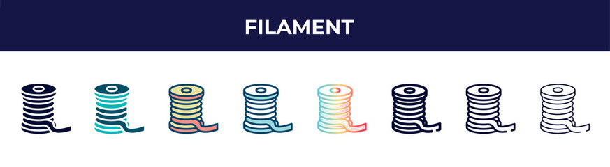 filament icon in 8 styles. line, filled, glyph, thin outline, colorful, stroke and gradient styles, filament vector sign. symbol, logo illustration. different style icons set.