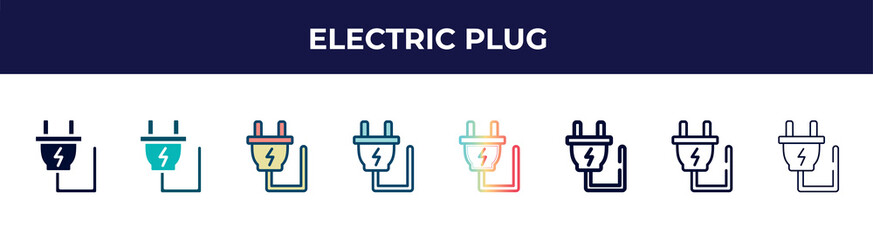electric plug icon in 8 styles. line, filled, glyph, thin outline, colorful, stroke and gradient styles, electric plug vector sign. symbol, logo illustration. different style icons set.