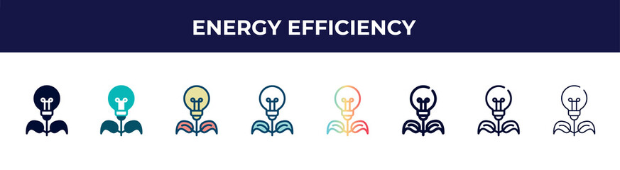 energy efficiency icon in 8 styles. line, filled, glyph, thin outline, colorful, stroke and gradient styles, energy efficiency vector sign. symbol, logo illustration. different style icons set.