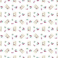 Seamless pattern with Pack of cherry juice or drink on white background. Sweet print of delicious food and beverage. Vector flat illustration