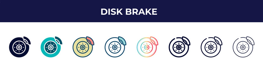 disk brake icon in 8 styles. line, filled, glyph, thin outline, colorful, stroke and gradient styles, disk brake vector sign. symbol, logo illustration. different style icons set.