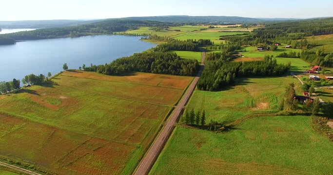 Drone flight in daylight over fields and lake, and red car driving on road.