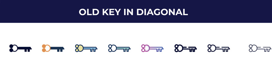 old key in diagonal icon in 8 styles. line, filled, glyph, thin outline, colorful, stroke and gradient styles, old key in diagonal vector sign. symbol, logo illustration. different style icons set.