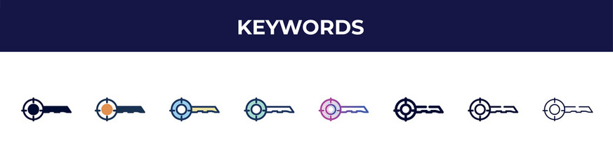 keywords icon in 8 styles. line, filled, glyph, thin outline, colorful, stroke and gradient styles, keywords vector sign. symbol, logo illustration. different style icons set.