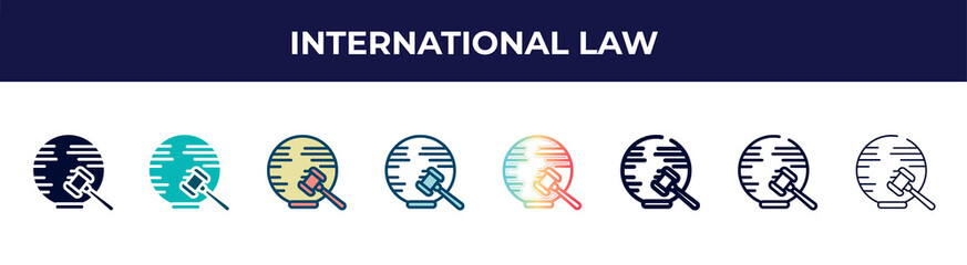 international law icon in 8 styles. line, filled, glyph, thin outline, colorful, stroke and gradient styles, international law vector sign. symbol, logo illustration. different style icons set.