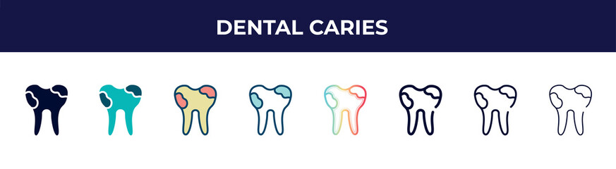 dental caries icon in 8 styles. line, filled, glyph, thin outline, colorful, stroke and gradient styles, dental caries vector sign. symbol, logo illustration. different style icons set.