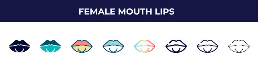 female mouth lips icon in 8 styles. line, filled, glyph, thin outline, colorful, stroke and gradient styles, female mouth lips vector sign. symbol, logo illustration. different style icons set.
