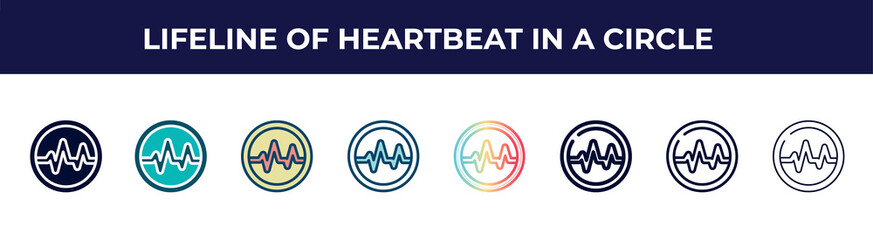 lifeline of heartbeat in a circle icon in 8 styles. line, filled, glyph, thin outline, colorful, stroke and gradient styles, lifeline of heartbeat in a circle vector sign. symbol, logo illustration.