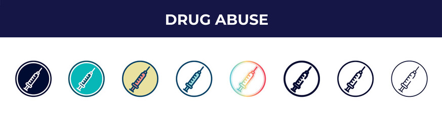 drug abuse icon in 8 styles. line, filled, glyph, thin outline, colorful, stroke and gradient styles, drug abuse vector sign. symbol, logo illustration. different style icons set.