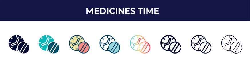 medicines time icon in 8 styles. line, filled, glyph, thin outline, colorful, stroke and gradient styles, medicines time vector sign. symbol, logo illustration. different style icons set.