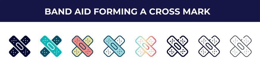 band aid forming a cross mark icon in 8 styles. line, filled, glyph, thin outline, colorful, stroke and gradient styles, band aid forming a cross mark vector sign. symbol, logo illustration.