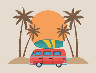van with surfboard scene