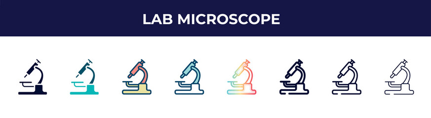 lab microscope icon in 8 styles. line, filled, glyph, thin outline, colorful, stroke and gradient styles, lab microscope vector sign. symbol, logo illustration. different style icons set.