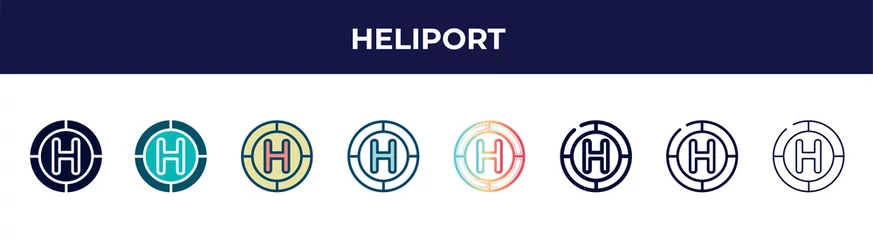 Foto op Plexiglas heliport icon in 8 styles. line, filled, glyph, thin outline, colorful, stroke and gradient styles, heliport vector sign. symbol, logo illustration. different style icons set. © VectorStockDesign