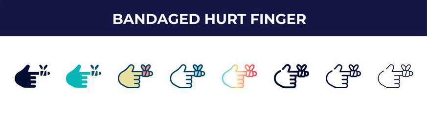 bandaged hurt finger icon in 8 styles. line, filled, glyph, thin outline, colorful, stroke and gradient styles, bandaged hurt finger vector sign. symbol, logo illustration. different style icons