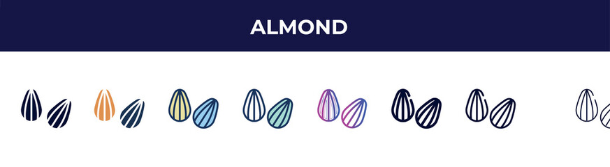 almond icon in 8 styles. line, filled, glyph, thin outline, colorful, stroke and gradient styles, almond vector sign. symbol, logo illustration. different style icons set.