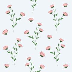 Cute seamless pattern with decorative pink flowers on light blue background. Floral tenderness background for textile, fabric manufacturing, wallpaper, covers, surface, print.