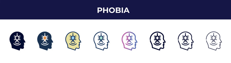 phobia icon in 8 styles. line, filled, glyph, thin outline, colorful, stroke and gradient styles, phobia vector sign. symbol, logo illustration. different style icons set.