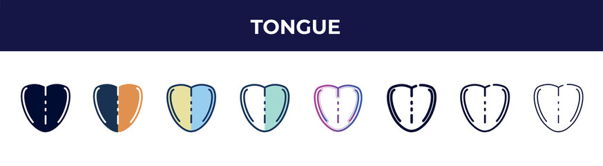 tongue icon in 8 styles. line, filled, glyph, thin outline, colorful, stroke and gradient styles, tongue vector sign. symbol, logo illustration. different style icons set.