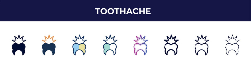toothache icon in 8 styles. line, filled, glyph, thin outline, colorful, stroke and gradient styles, toothache vector sign. symbol, logo illustration. different style icons set.