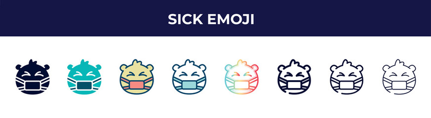 sick emoji icon in 8 styles. line, filled, glyph, thin outline, colorful, stroke and gradient styles, sick emoji vector sign. symbol, logo illustration. different style icons set.