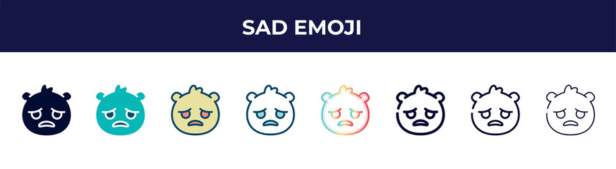 sad emoji icon in 8 styles. line, filled, glyph, thin outline, colorful, stroke and gradient styles, sad emoji vector sign. symbol, logo illustration. different style icons set.