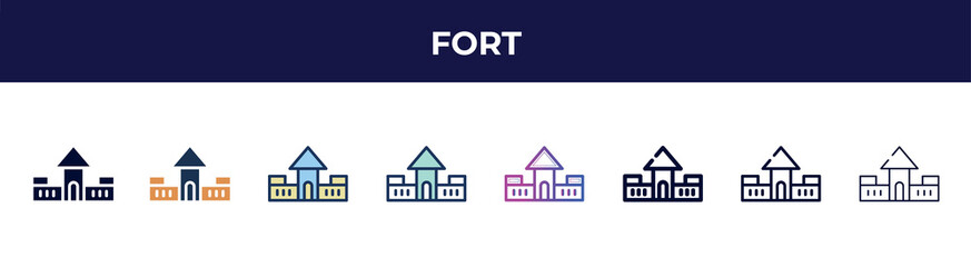 fort icon in 8 styles. line, filled, glyph, thin outline, colorful, stroke and gradient styles, fort vector sign. symbol, logo illustration. different style icons set.
