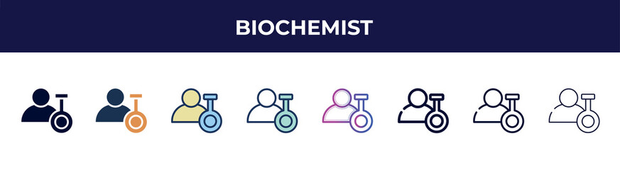 biochemist icon in 8 styles. line, filled, glyph, thin outline, colorful, stroke and gradient styles, biochemist vector sign. symbol, logo illustration. different style icons set.