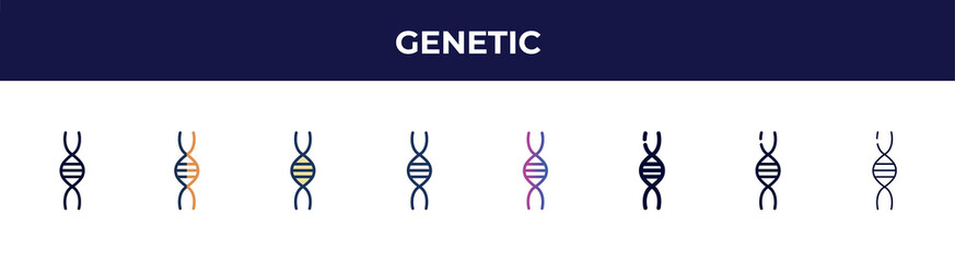 genetic icon in 8 styles. line, filled, glyph, thin outline, colorful, stroke and gradient styles, genetic vector sign. symbol, logo illustration. different style icons set.