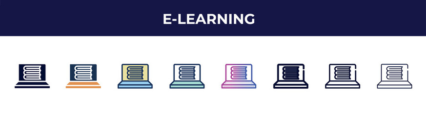 e-learning icon in 8 styles. line, filled, glyph, thin outline, colorful, stroke and gradient styles, e-learning vector sign. symbol, logo illustration. different style icons set.