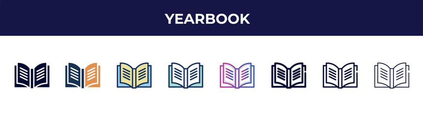 yearbook icon in 8 styles. line, filled, glyph, thin outline, colorful, stroke and gradient styles, yearbook vector sign. symbol, logo illustration. different style icons set.