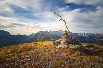 The top of the mountain, which is at an altitude of 1663 meters above sea level Maja E Zorzit in Albania near the village of Theth in the region of Shkodër. - obrazy, fototapety, plakaty