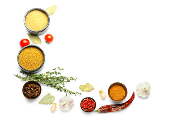 Bowls of different spices and herbs on white background