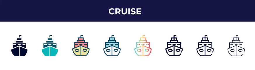 cruise icon in 8 styles. line, filled, glyph, thin outline, colorful, stroke and gradient styles, cruise vector sign. symbol, logo illustration. different style icons set.