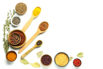 Composition with aromatic spices and herbs on white background