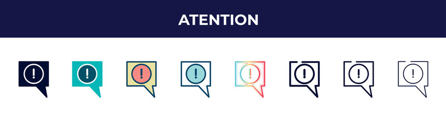 atention icon in 8 styles. line, filled, glyph, thin outline, colorful, stroke and gradient styles, atention vector sign. symbol, logo illustration. different style icons set.