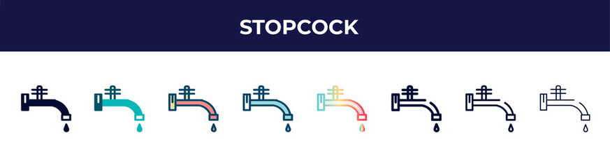stopcock icon in 8 styles. line, filled, glyph, thin outline, colorful, stroke and gradient styles, stopcock vector sign. symbol, logo illustration. different style icons set.