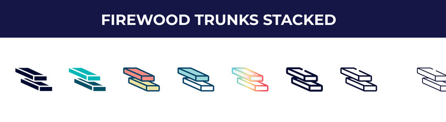 firewood trunks stacked icon in 8 styles. line, filled, glyph, thin outline, colorful, stroke and gradient styles, firewood trunks stacked vector sign. symbol, logo illustration. different style