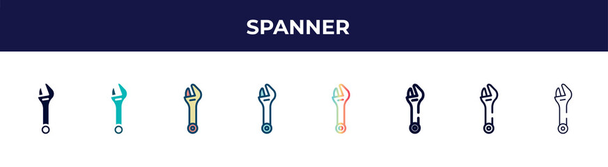 spanner icon in 8 styles. line, filled, glyph, thin outline, colorful, stroke and gradient styles, spanner vector sign. symbol, logo illustration. different style icons set.